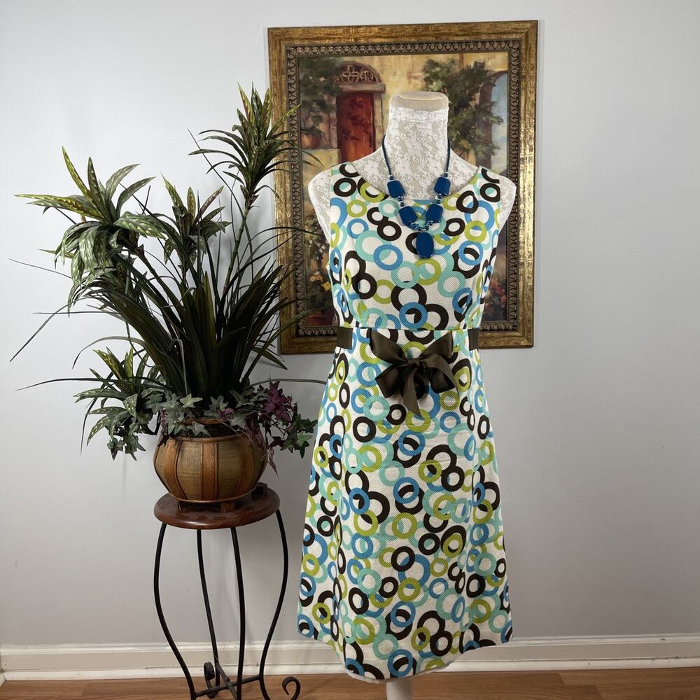Jessica Howard Women’s‎ Size 6 Circle Print Sleeveless A-Line Dress Ribbon Belt